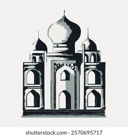 Illustration of the Taj Mahal, featuring its iconic domes and arches. The Taj Mahal is a symbol of architectural beauty and cultural heritage. Isolated vintage art illustration vector element.