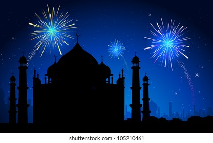 ilustración del Taj Mahal en fuegos artificiales en el cielo en la noche de Eid