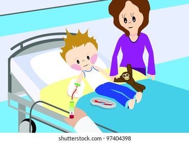 Abbildung der Entnahme einer Blutprobe eines Kindes. Alle Vektorobjekte und -details werden isoliert und gruppiert. Diese Abbildung ist Teil einer Geschichte über ein Kind im Krankenhaus.