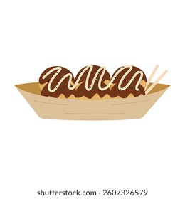 Illustration of takoyaki in a boat-shaped container