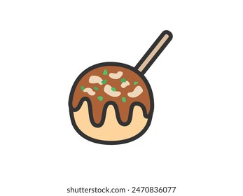 Illustration eines Takoyaki Icons (farbige Strichzeichnung) mit einem darin steckenden Zahnstocher.