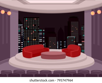 Illustration Of A Talk Show Setup In A Studio With Red Sofa And Table For Host And Guest On Stage