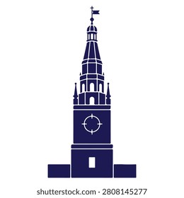 Illustration of a tall clock tower with a flag on top, a classic architectural design element