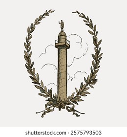 Illustration of a tall column with a statue on top, surrounded by a laurel wreath. The column and laurel wreath create a classic, historical feel. Vintage art drawing, isolated vector element.