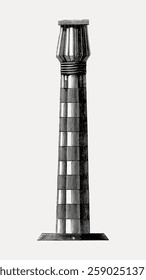 Illustration of a tall, cylindrical lighthouse with a grid-like design. The lighthouse features vertical and horizontal lines, creating a structured, geometric appearance. Vintage illustration, vector