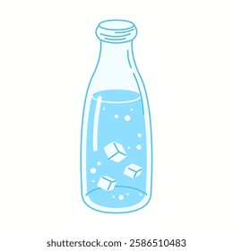 Illustration of a tall and elegant glass bottle filled with fresh drinking water and floating ice cubes, symbolizing purity and cooling refreshment.