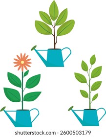 Illustration of tall garden plants sitting in a beautiful garden watering can. Vector illustration.