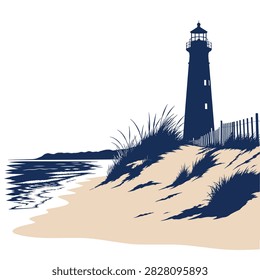 Illustration of a tall lighthouse on a grassy dune near the ocean