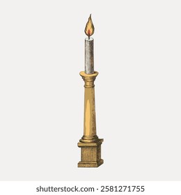 Illustration of a tall, lit candle on a pedestal. The candle is burning, with a bright flame. The pedestal is ornate, supporting the candle securely. Vintage home decor illustration isolated, vector.