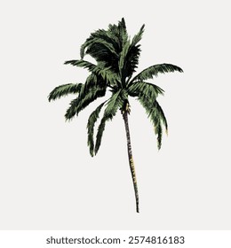 Illustration of a tall, lush palm tree with green fronds. The palm tree stands alone, showcasing its tropical vibe. Perfect for tropical-themed designs. Vintage art, isolated vector element.