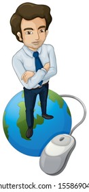 Illustration of a tall man above the globe with a computer mouse on a white background