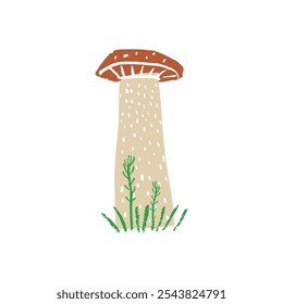 Illustration of a tall mushroom surrounded by small green plants. Minimalist style and earthy colors, natural, rustic look, perfect for nature-themed artwork and botanical collections.