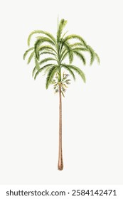 Illustration of a tall palm tree with lush green fronds. Palm tree stands alone on a light background. Detailed palm tree drawing with elegant leaves. Vintage art illustration, vector.