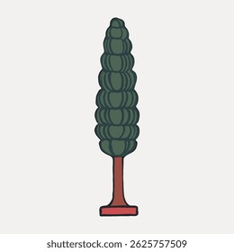 Illustration of a tall, stylized tree with a green, layered canopy and a brown trunk. The tree's unique shape stands out against a plain background. Vintage art illustration vector.