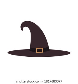 Illustration of a tall witch hat on a white background isolated. Vector design element for heluin poster, party, clothing, magic characters, magicians. Sorceress hat with gold buckle.