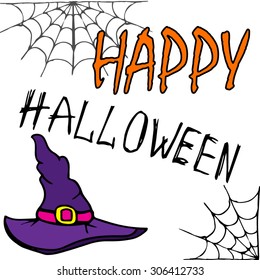 illustration of tall witch hat on abstract background with web