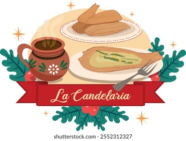 Ilustração de tamales e café para Dia da Candelária