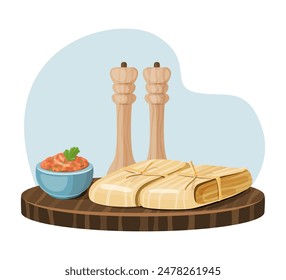 Illustration of tamales with salsa and wooden pepper mills on wooden board. Digital food art. Mexican cuisine and traditional dish.