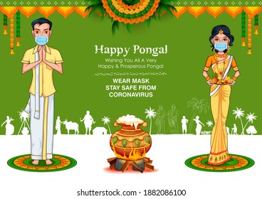 illustration of Tamilian couple wearing mask for protection against Covid 19 corona virus on Happy Pongal Holiday Harvest Festival of Tamil Nadu South India greeting background