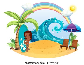 Illustration of a tan girl at the beach with a surfing board on a white background