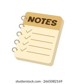 Ilustración de un cuaderno bronceado con la palabra 'Notas', marcas de verificación, líneas y una encuadernación en espiral.