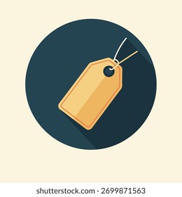 Ilustração de uma etiqueta de preço em tom castanho com uma cadeia de caracteres em um círculo azul escuro.
