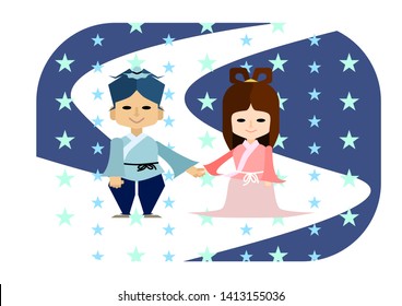 Illustration of Tanabata where Orihime and Hikoboshi are holding hands in the Milky Way