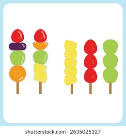 Illustration of Tanghulu, a candy snack made by sticking strawberries, pineapples, tangerines, oranges, and grapes on a stick and coating them with syrup