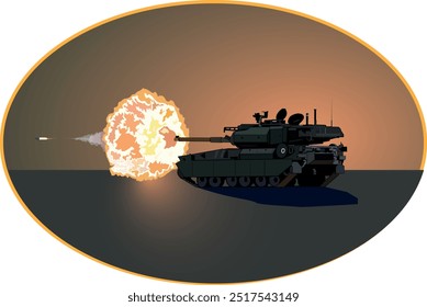 Ilustración de un tanque con una llama ardiente del barril sobre una Ilustración vectorial de fondo oscuro para el diseño de sus impresiones en estilo militar