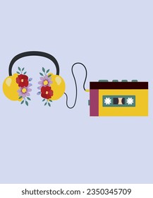 Illustration with Tape Player and Flowers