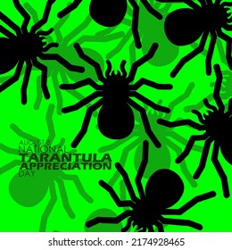 Illustration of a tarantula spider with bold text on green background, National Tarantula Appreciation Day August 8