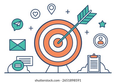 Ilustración de un objetivo con una flecha en el centro, rodeado de varios iconos en verde azulado, naranja y azul sobre un fondo blanco.