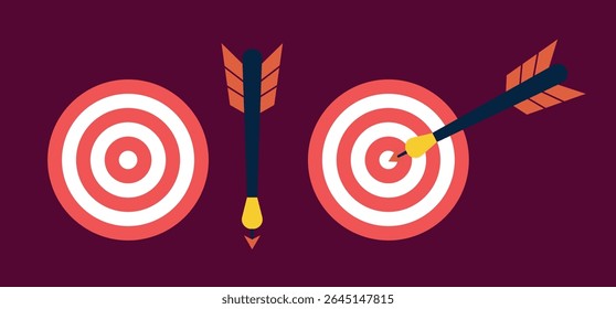 Illustration of a target with an arrow hitting the center, perfect for business goals, achievement, success, motivation, and strategy-themed designs.