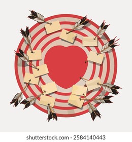 Illustration of a target with a heart center, surrounded by arrows and notes. Arrows and notes create a pattern around the heart-shaped target center. Vintage art illustration, vector.