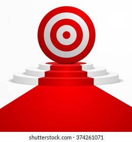 ilustración de un Target colocado en la parte superior de un podio redondo con una alfombra roja que lo lleva, vector eps10