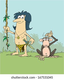 Illustration Of Tarzan With Monkey.