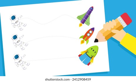 Illustration of a task for children with space rockets and astronauts