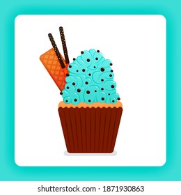 Illustration of tasty cupcake with mint wimp cream with extra topping of choco chip, wafer and chocolate stick. Design can be for books, flyer, poster, website, web, apps, landing page, cookbook