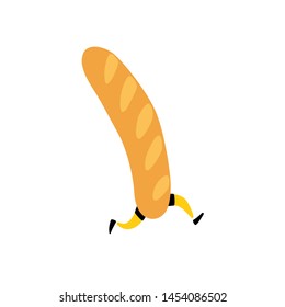 Illustration of a tasty french baguette. Vector. Character with legs. Icon for site on white background. Sign, logo for the store. Delivery of fresh bakery and confectionery. Flat style.