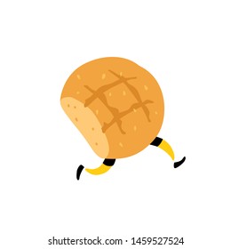 An illustration of a tasty loaf of bread. Vector. Character with legs. Icon for site on white background. Sign, logo for the store. Delivery of fresh bakery and confectionery. Flat style.
