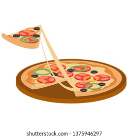 Illustration of a tasty looking peperoni and olive pizza with basil leaves