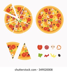 Illustration of tasty pizza. Italian pizza isolated on white background. Poster for Restaurant Menu. Pizza slice with tomato, mushrooms, sausage, peppers, olives, cheese. Vector illustration.