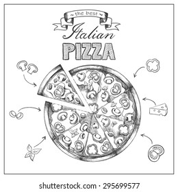 Illustration of tasty pizza. Italian pizza set. Poster with hand drawn pizza and a slice of pizza with the inscription Italian pizza stylized with tomato, mushrooms, sausage, peppers, olives, cheese.