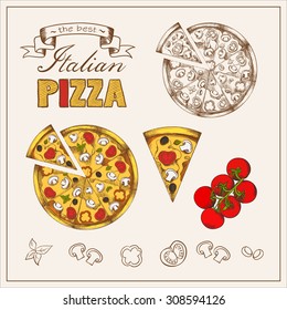 Illustration of tasty pizza. Italian pizza set. Poster with hand drawn pizza and a slice of pizza with the inscription "The best Italian pizza" stylized with tomato, mushrooms, sausage, peppers, olives, cheese.