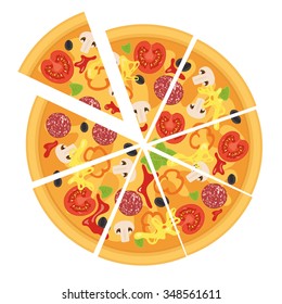 Illustration of tasty pizza. Italian pizza slice with tomato, mushrooms, sausage, peppers, olives, cheese.