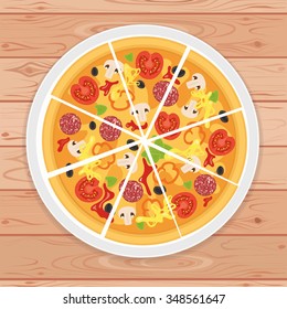 Illustration of tasty pizza. Italian pizza slice isolated on wood background. Poster for Restaurant Menu for pizza with tomato, mushrooms, sausage, peppers, olives, cheese. Vector illustration.