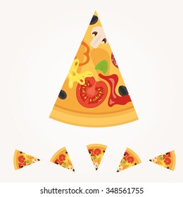 Illustration of tasty pizza. Italian pizza slice isolated on white background. Poster for Restaurant Menu for pizza with tomato, mushrooms, sausage, peppers, olives, cheese. Vector illustration.