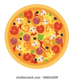 Illustration of tasty pizza. Italian pizza slice isolated on white background. Poster for Restaurant Menu for pizza with tomato, mushrooms, sausage, peppers, olives, cheese. Vector illustration.