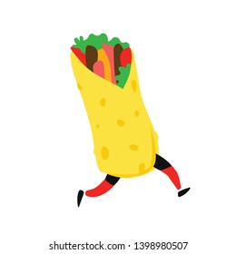 Illustration of a tasty running shawarma. Vector. Elements for menu, restaurant, cafe. Tasty food.