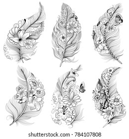 illustration of Tattoo art design of Floral Feather collection